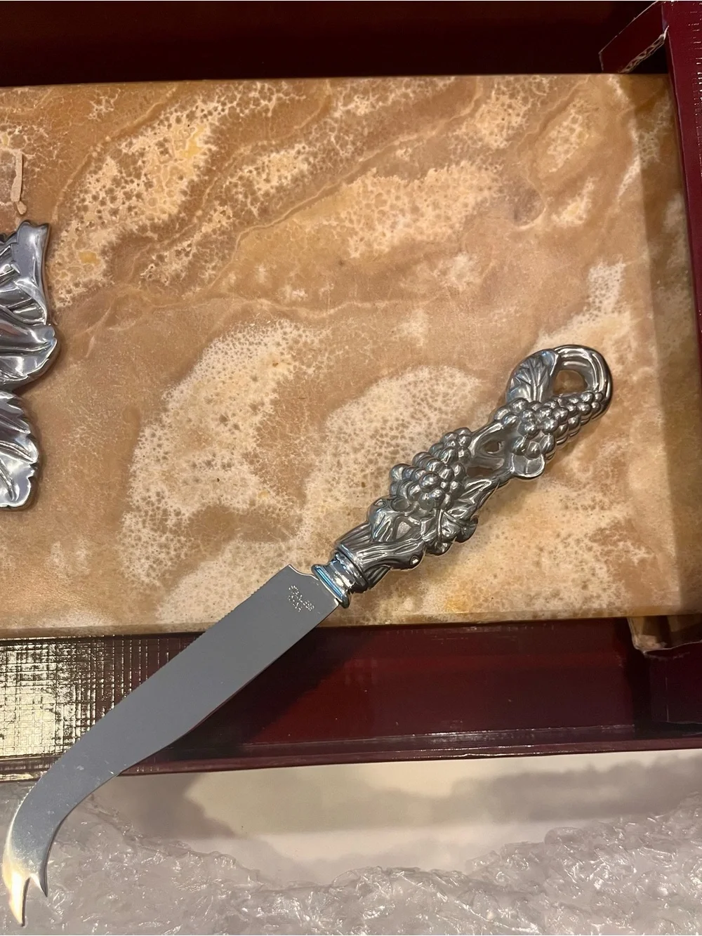 Vintage Arthur Court Silver Grape Handle Cheese Knife & marble cutting board